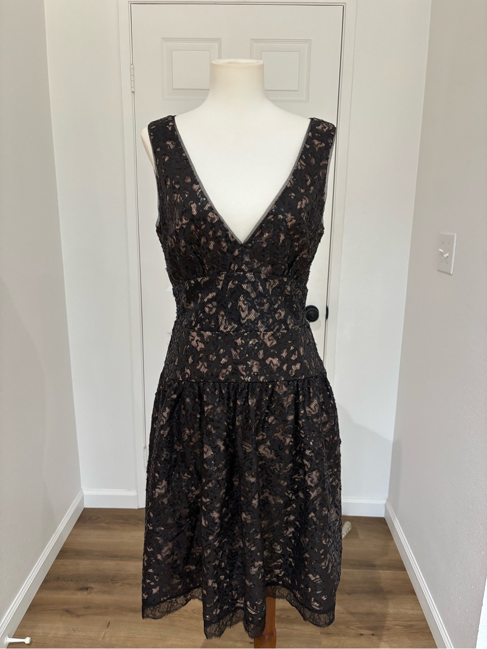 NWOT BCBGMaxAzria Black Lace Midi Dress with Nude Lining
